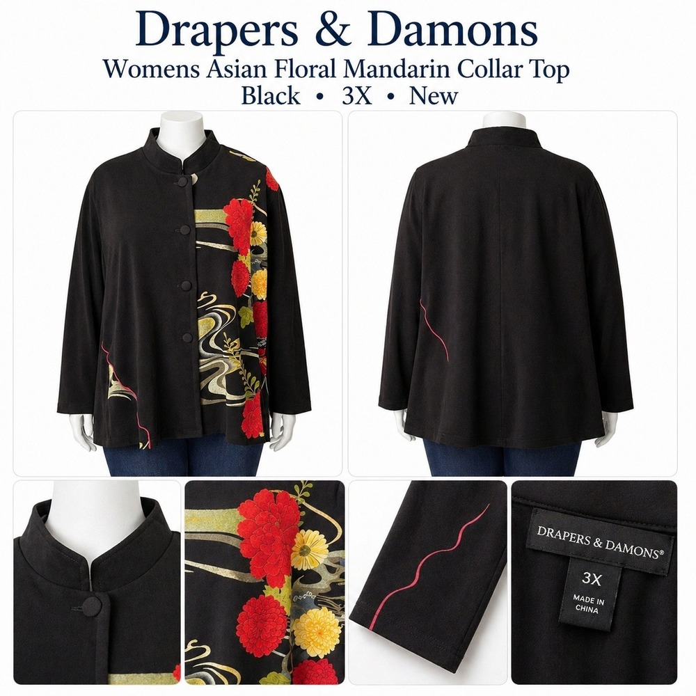 New Drapers & Damons Womens 3X Black Asian Floral Mandarin Collar Top